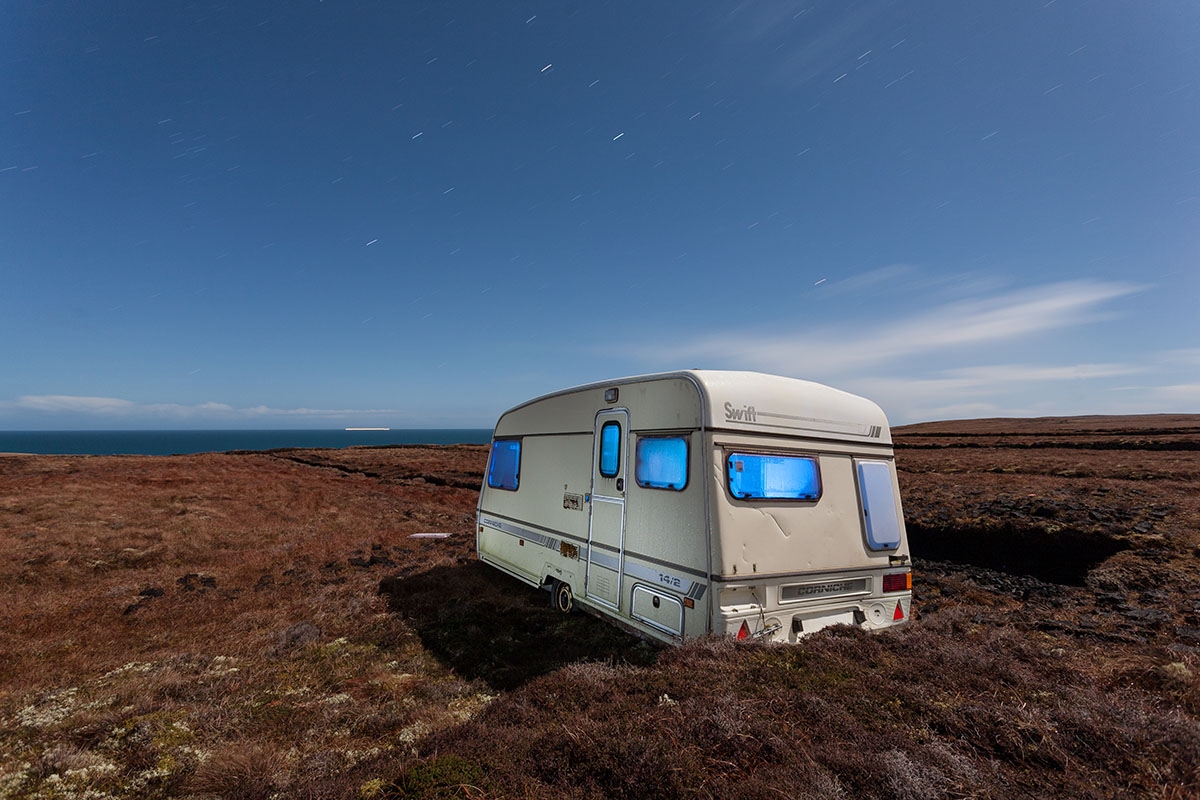 wild camping, caravan, middle of nowhere, moonlight